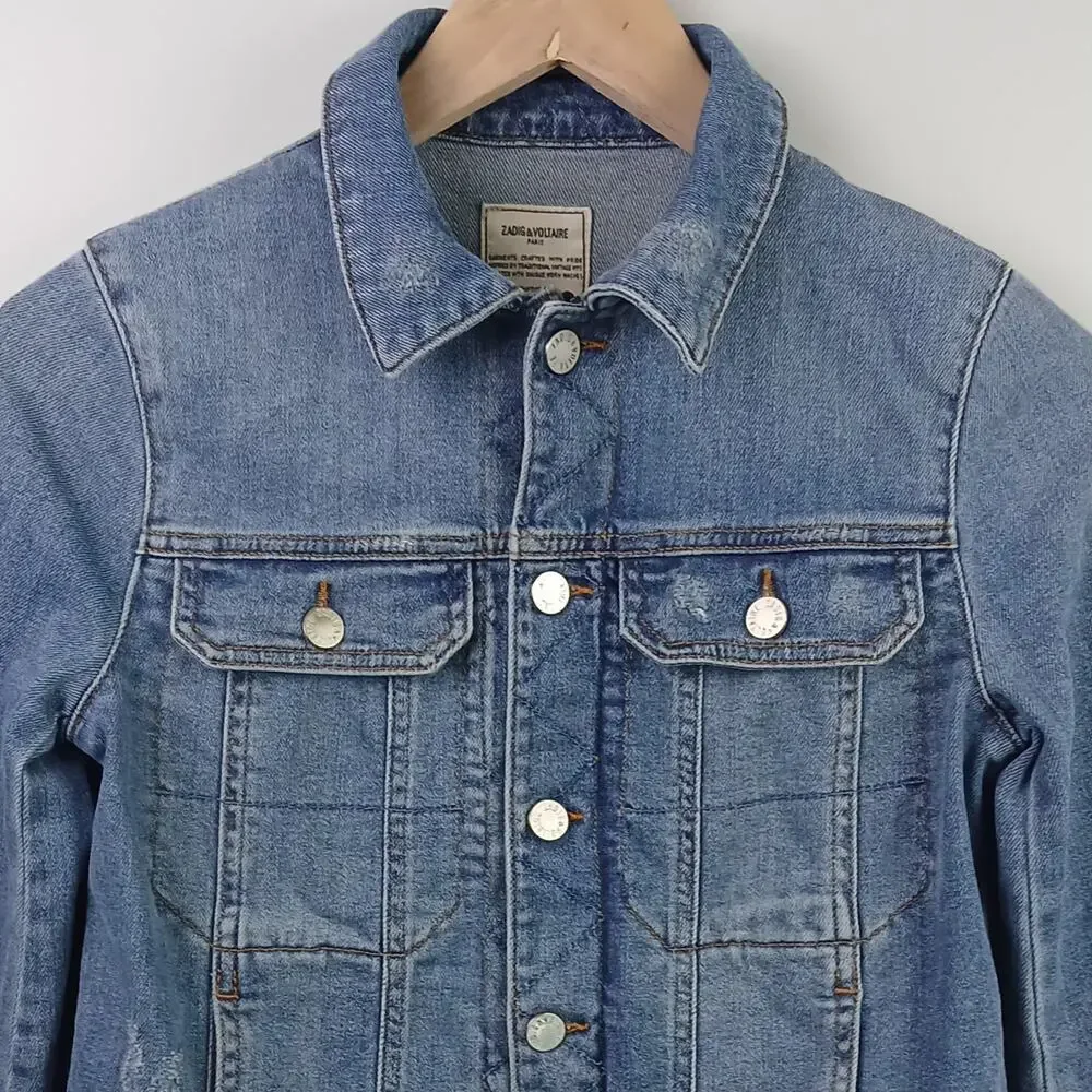 Zadig & Voltaire SZ S Kioky Denim Jacket Faded Stone Wash Slim Silhouette